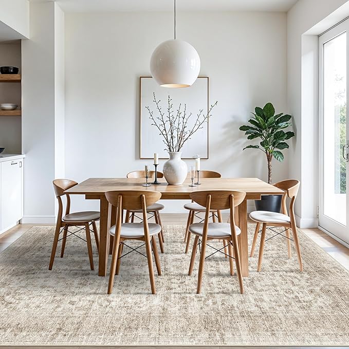 RUUGME Living Room Area Rug 8x10 - Vintage Washable Rugs with Non Slip Backing Indoor Stain Resistant Carpet for Bedroom Playroom Soft Lightweight Ultra-Thin Home Decor Mat 8x10 Beige Brown
