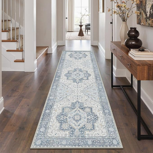 GENIMO Runner Rug 2'6"x6 Machine Washable Non Slip Vintage Hallway Runner Rug, Low Pile Lightweight Rugs for Indoor Entryway, Hallway, Kitchen and Corridor, Light Blue Beige