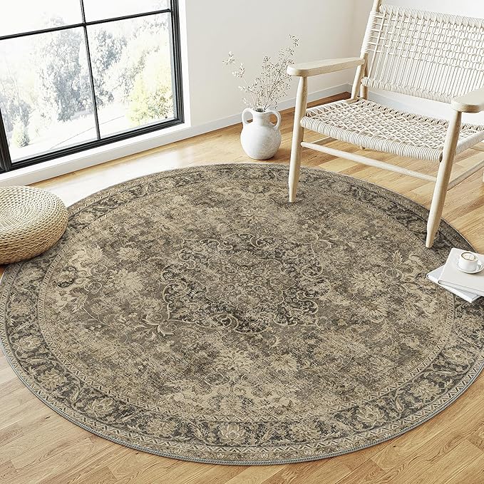 3x3 Washable Round Rug Brown Vintage Non Slip Soft Low Pile Circle Rug for Dining Room Office Entryway Distressed Oriental Indoor Carpet for Living Room Bedroom Home Decor