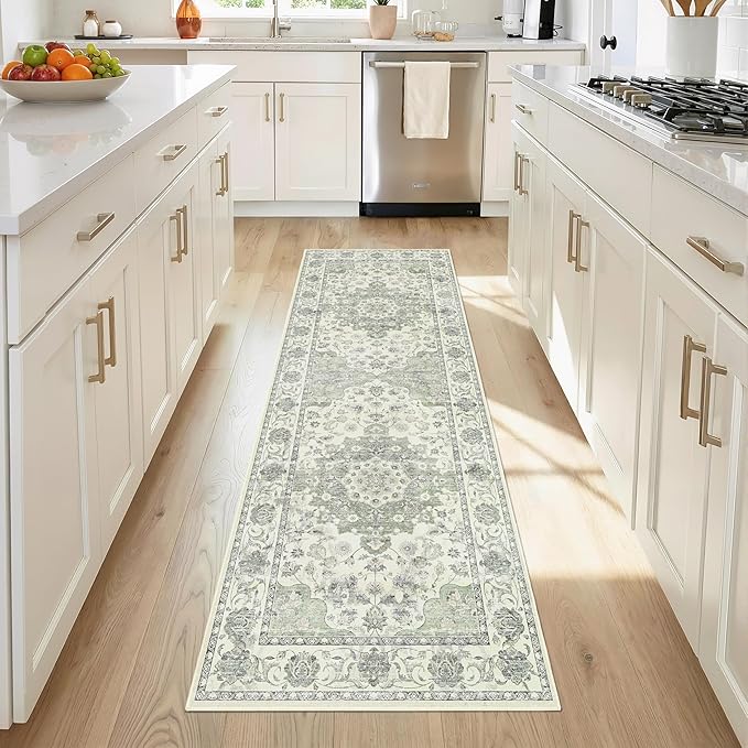 Washable Hallway Runner Rug - 2x6 Kitchen Rug Distressed Low Pile Mats Non Slip Soft Rugs for Dining Room with Rubber Backing Bedroom Runner with Vintage Design (Green 2x6)