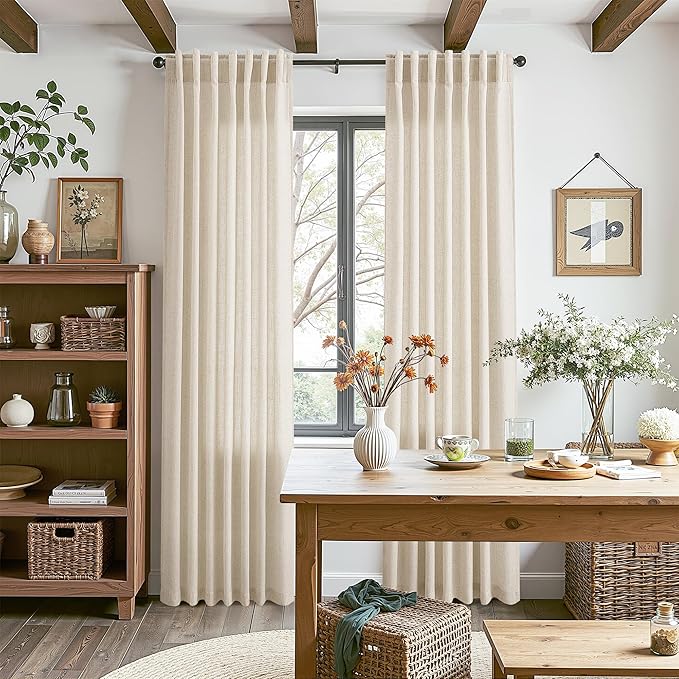 Cream Beige Linen Curtains 80 Inch Length for Living Room Light Filtering Semi Sheer Curtain Back Tab Modern Farmhouse Decor Elegant Luxury Coastal Drapes for Bedroom Dinner Room 52x80, 2 Panels