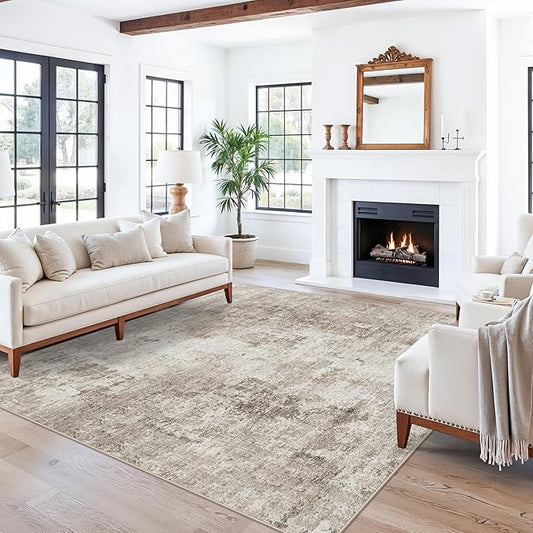 ZHXXUJ 7x7 Square Washable Area Rug, Non-Slip Indoor Rug for Living Room Bedroom Dining Room, Low Pile Stain Resistant Modern Abstract Neutral (Beige/Grey)