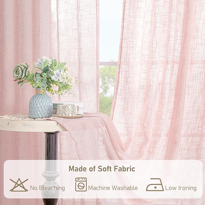 LAMIT Pink Linen Curtains 45 Inch Length 2 Panels, Light Filtering Panels Back Tab and Rod Pocket Country Decor Drapes for Kitchen/Window/Loft Room/Bedroom, 34 x 45 Inch