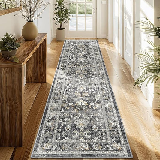 LOKHOM Washable Runner Rug, 2x8 Non-Slip Vintage Hallway Runner Rug with Rubber Backing, Boho Floral Soft Faux Wool Kitchen Rug Carpet Runner for Laundry Entryway Bedroom (Charcoal Grey)