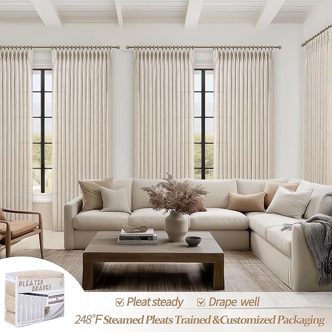 Thick Linen Extra Wide 70 x 90 Inch Curtains for Living Room Light-Filtering Sheers 2 Panels Set, Pinch Pleated Natural Beige Summer Privacy Window Drapes 90 Inches Long for Office/Class Room Back Tab