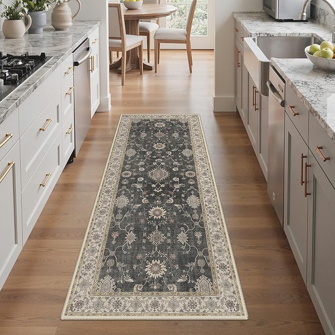 GENIMO Runner Rug for Hallways Machine Washable, 3x7 Non Slip Boho Vintage Lightweight Washable Runners, Thin Floor Rugs for Entryway Hallway Bathroom Laundry Room Corridor, Charcoal Brown