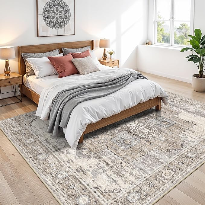 9x9 Living Room Square Area Rug, Vintage Large Washable Square Rugs for Bedroom/Dining Room/Home Office/Study Room Non Slip & Stain Resistant Carpets for Home with Dogs Cats 9X9 Beige