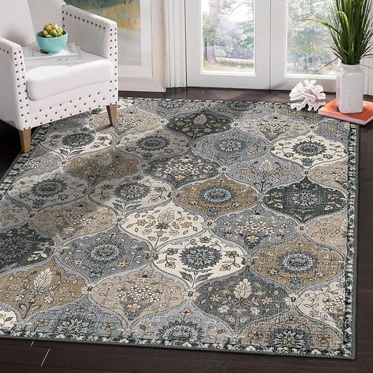 Lahome Moroccan Machine Washable Area Rugs, 4x6 Rug for Living Room Bedroom, Soft Non-Slip Rug Vintage Trellis Ultra-Thin Throw Carpet for Dining Room Office Elise, Grey