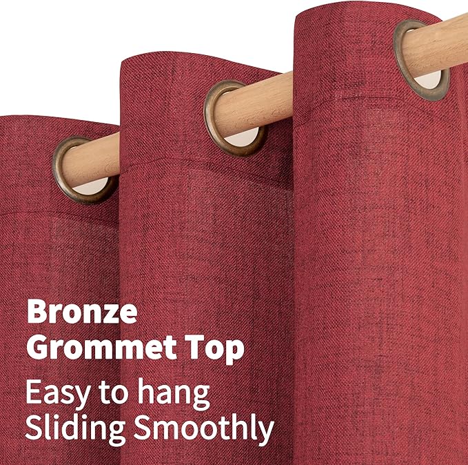 YoungsTex Burgundy Red Linen Curtains 102 Inch Length for Living Room, Light Filtering Semi Sheer Drapes with Bronze Grommet Privacy for Bedroom Windows, 52 x 102 Inch, 2 Panels