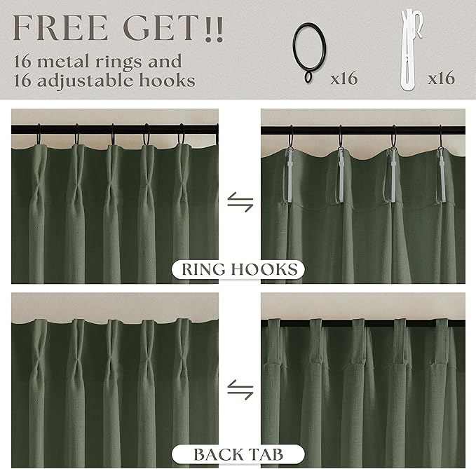 TWODRAPES Loden 120 Inch Long Curtains Extra Long Olive Green Linen Pinch Pleated Curtains 2 Panels for Living Room Bedroom Thick Linen Pleated Hooks Rings Back Tab 120 Inch Drapes for Large Window