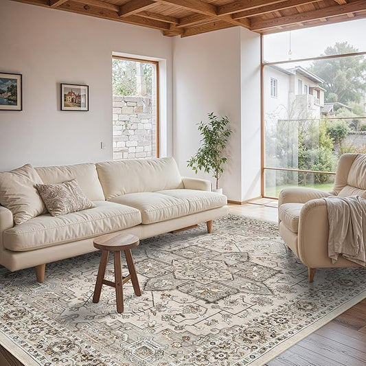RUUGME Washable 6x9 Area Rug - Vintage Rugs with Non Slip Backing Stain Resistant Carpet for Living Room Bedroom Indoor Ultra-Soft Low Pile Home Decor Mat for Nursery 6x9 Ivory