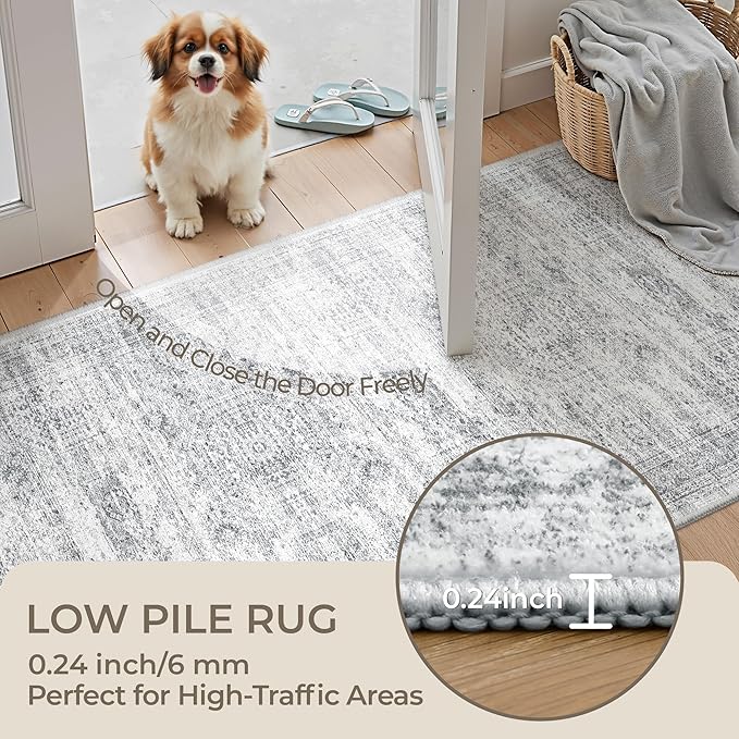 3x16 Washable Runner Rug for Hallway, Non-Slip Long Hallway Runner for Entryway, Soft Vintage Kitchen Mats for Floor, Abstract Dining Room, Bedroom, Living Room Rugs(3'x16', Grey/Ivory)