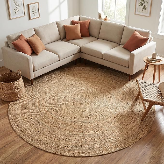 Jute Braided Area Rug, Natural - 8 Feet Round, Boho Neutral Indoor Circle Hand Woven Rugs for Living Room, Bedroom, Nursery, Dining Area | Farmhouse Large Rustic Patio Floor Mat for Coastal Décor