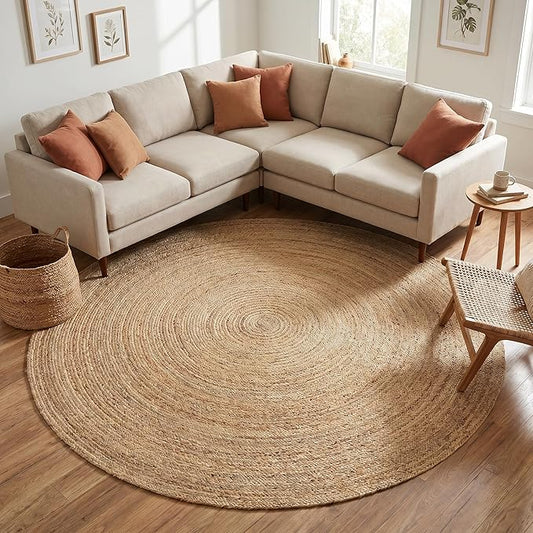 Jute Braided Area Rug, Natural - 8 Feet Round, Boho Neutral Indoor Circle Hand Woven Rugs for Living Room, Bedroom, Nursery, Dining Area | Farmhouse Large Rustic Patio Floor Mat for Coastal Décor