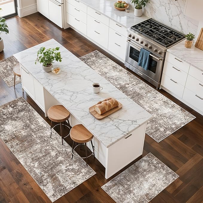 4-Piece Kitchen Rug Set with Runner – Washable Non-Slip Floor Mats for Sink,Entryway,Hallway,Bathroom – Modern Abstract Neutral Soft Throw Rugs(Brown Beige,2x3+2x4+2x5+2x6)
