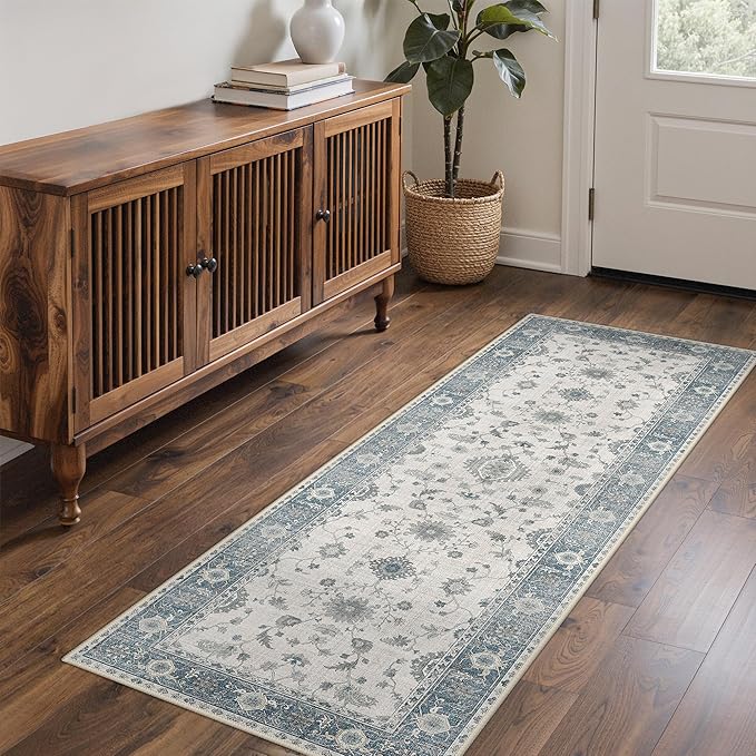 GENIMO Runner Rug for Hallways Machine Washable, 2x10 Non Slip Boho Vintage Lightweight Washable Runners, Thin Floor Rugs for Entryway Hallway Bathroom Laundry Room Corridor, Misty Blue