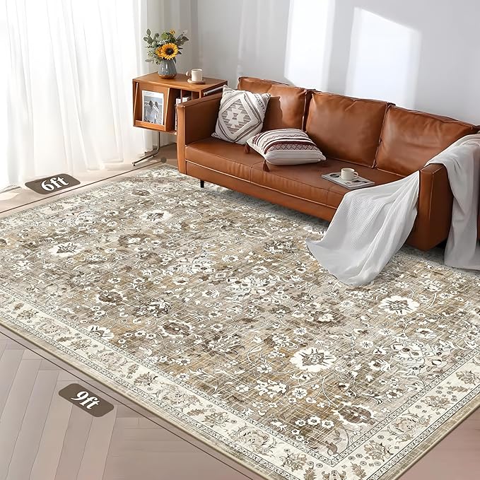 LOKHOM Living Room Area Rug 6x9, Non-Slip Vintage Soft Bedroom Rug with Rubber Backing, Low Pile Boho Floral Faux Wool Floor Carpet Distressed Rug for Bedroom Dining Room（Beige Brown）