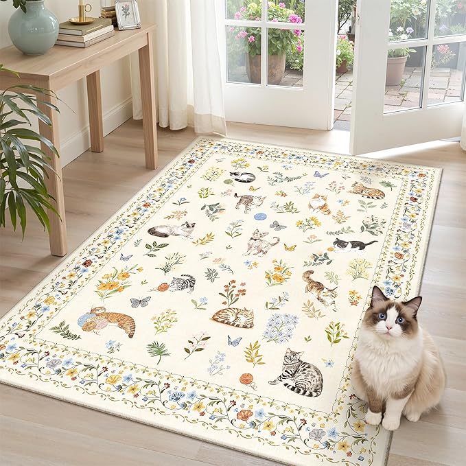 Soalmost Cat 3x5 Area Rugs for Entryway, Machine Washable Animal Floral Accent Rug Non-Slip Low Pile Soft Throw Rugs for Kitchen Bedside Living Room Bedroom Kids Room (3 x 5,Beige)