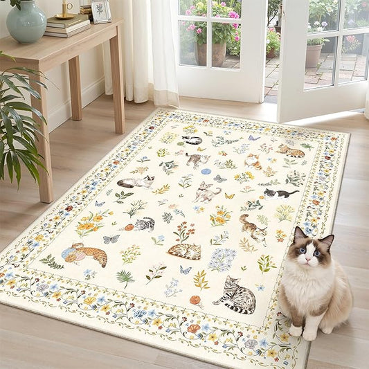 Soalmost Cat 3x5 Area Rugs for Entryway, Machine Washable Animal Floral Accent Rug Non-Slip Low Pile Soft Throw Rugs for Kitchen Bedside Living Room Bedroom Kids Room (3 x 5,Beige)
