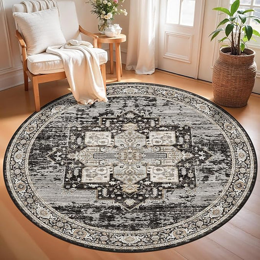 RUUGME Round Area Rug: Machine Washable Stain Resistant 5 Round Rug for Living Room,Bedroom Non Slip Low Pile Carpets for Dining Room Ultra Thin Soft Home Decor Floor Mat 5ft Black