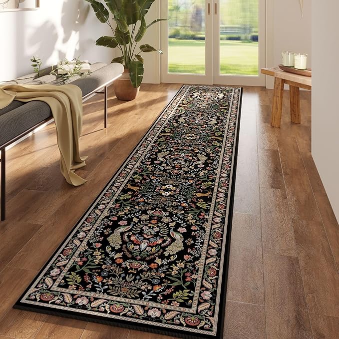 Rugcomf 2'7"x14' Long Hallway Runner Rug - Floral Washable Non Slip Boho Carpet for Kitchen, Entryway, Hall, Bathroom - Vibrant Black