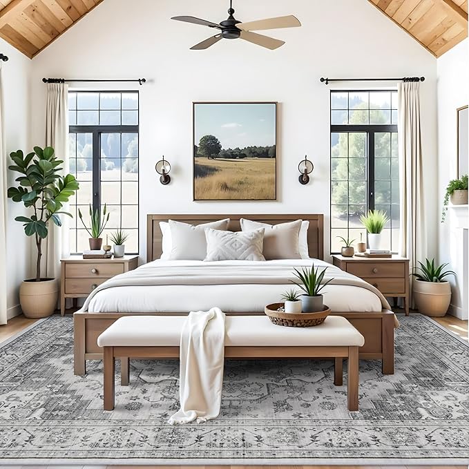 Living Room 9x12 Area Rugs - Large Boho Rugs for Bedroom Stain Resistant Carpet Vintage Tribal Rugs for Kitchen Bathroom with Non Slip Backing Home Decor Floor Decoration Mat 9x12 Grey/White