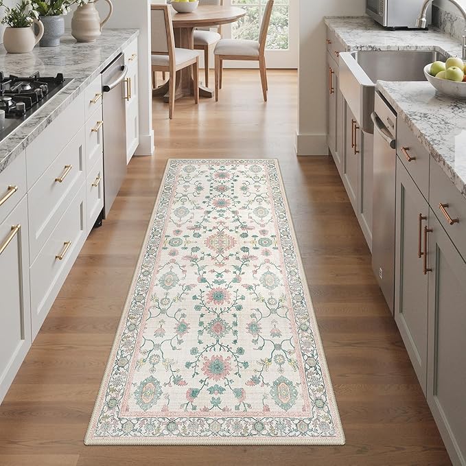 GENIMO Runner Rug for Hallways Machine Washable, 3x7 Non Slip Boho Vintage Lightweight Washable Runners, Thin Floor Rugs for Entryway Hallway Bathroom Laundry Room Corridor, Multi Pink