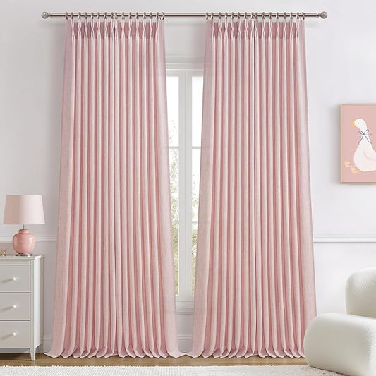 Baby Pink High Ceiling 102 Inches Long Curtains 2 Panels Set for Sliding Glass Door, Beautiful Pinch Pleated Linen Sheer Dining Room Curtain Privacy Light Filtering 100-102 Inch Large Window Drapes