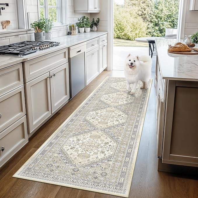 Runner Rug 2x10, Ultra-Thin Kitchen Rugs Non Slip Washable Rugs for Entryway Rug, Kitchen Runner Low Pile Vintage Soft Carpets for Living Room, Bathroom Bedroom (Beige,2'x10')