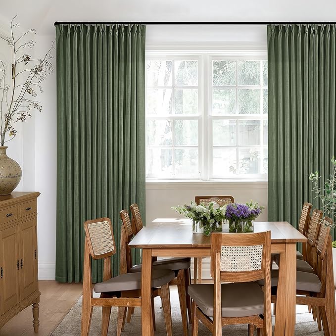 80 Inches Long Olive Green Linen Curtains for Living Room Pinch Pleat Hooks for Living Room Back Tab Thick Linen Textured Pleated Drapes Light Filtering Loden Bedroom Window Curtains 80 Inch Length
