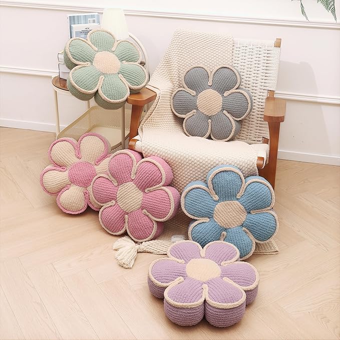 Gray Flower Pillow Decorative Preppy Throw Pillows 16" Cute Soft Floor Cushion for Couch Bed Chair Girls Room Bedroom Decor Aesthetic (1, Grey, 16 Inch)