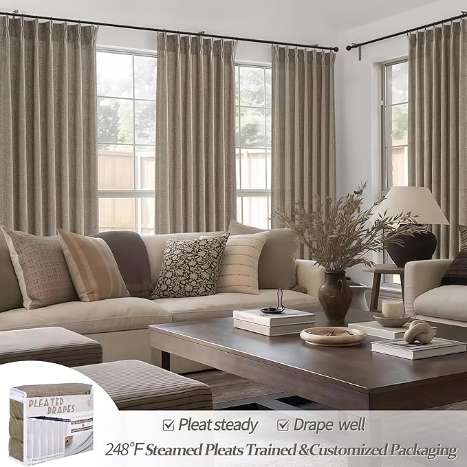 Dark Tan Soft Semi Sheer 102 Inch Long Curtains 2 Panels Set for Kids Room Nursery, Pinch Pleated Natural Linen Light Filtering Thick Window Drapes with Hooks Rings for Office 40"W x 102"L Viral Burg