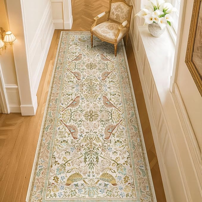 Hazo Haus 2'6"x8' Long Hallway Runner Rug - Vintage Botanical Wide Runners for Kitchen Bedroom Hall Way, Washable Non Slip with Rubber Backing, Beige Floral Décor