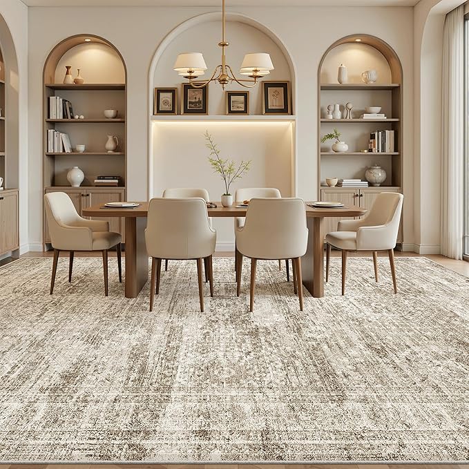 Soalmost 10x14 Area Rugs for Living Room, Non Slip Machine Washable Vintage Rugs, Low Pile Lightweight Large Rug for Bedroom, Dining Room, Home Office Brown