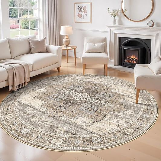 RUUGME 8ft Round Area Rug - Washable Vintage Round Area Rugs for Living Room Bedroom Ultra Soft Decoration Carpets with Non Slip Backing Stain Resistant Floor Mat for Bathroom 8ft Beige