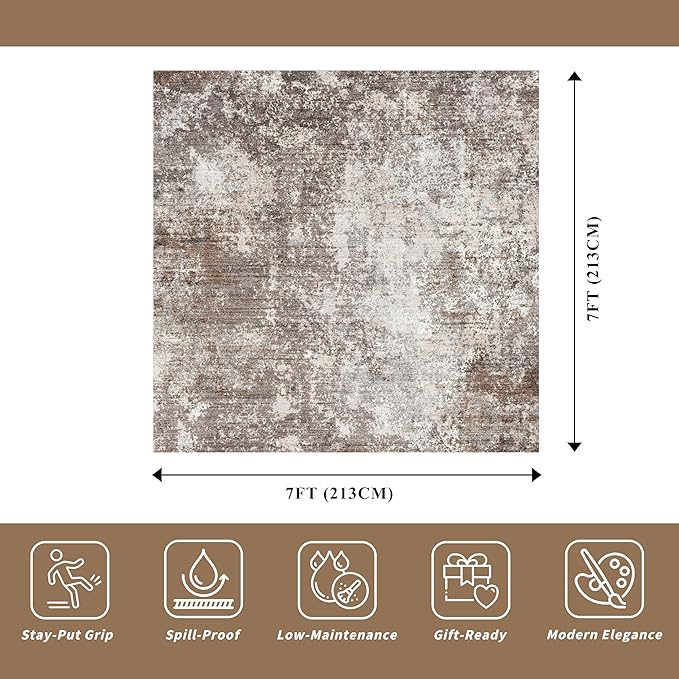 7x7 Area Rug Square Washable – Non-Slip Soft Indoor Carpet for Dining Room Living Room Kitchen Bedroom – Modern Abstract Neutral Low-Pile Accent Rug (Brown Beige, 7x7)