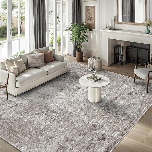 10x10 ft Square Living Room Rug – Washable Modern Abstract Area Rug for Bedroom, Dining Room, Playroom – Neutral Non-Slip Low-Pile Thin Indoor Carpet (Beige Grey)