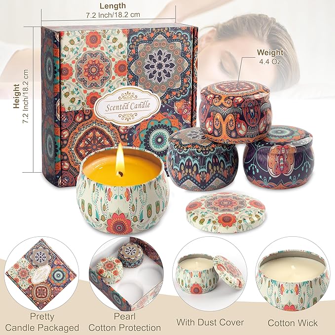 Scented Candles Gift Set - Women Candle Natural Soy Wax Aromatherapy Candle Stress Relief Small Gifts 120H Burning Candles 4 Pack 4.4 Oz for Home Christmas Birthday Mum Teacher Mothers Day