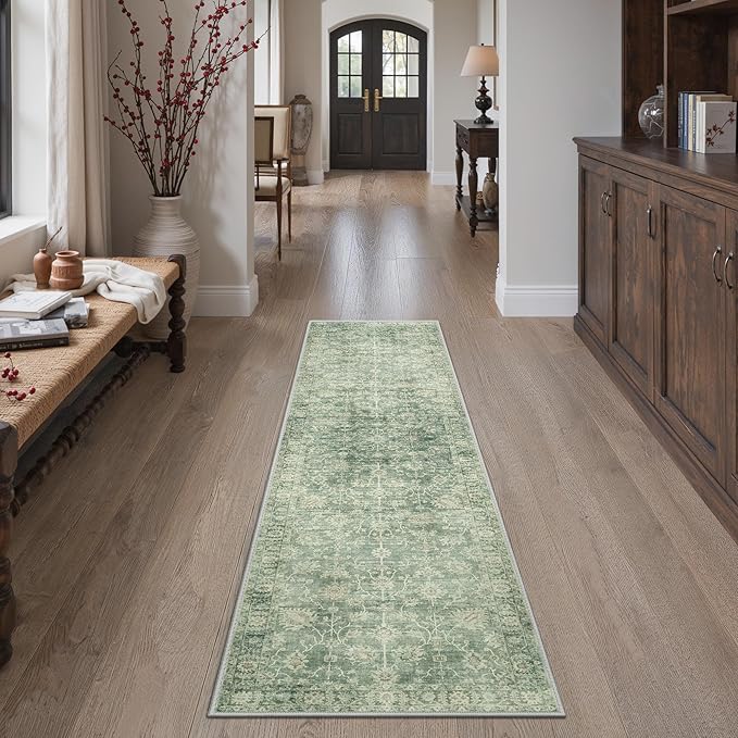 GENIMO Runner Rug for Hallways Machine Washable, 26x6 Non Slip Boho Vintage Lightweight Washable Runners, Thin Floor Rugs for Entryway Hallway Bathroom Laundry Room Corridor, Light Sage