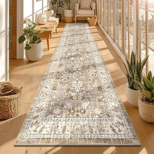 LOKHOM Washable Runner Rug, 3x12 Non-Slip Vintage Kitchen Runner Rug with Rubber Backing, Boho Floral Soft Faux Wool Hallway Rug Carpet Runner for Laundry Entryway Bedroom (Beige Brown)