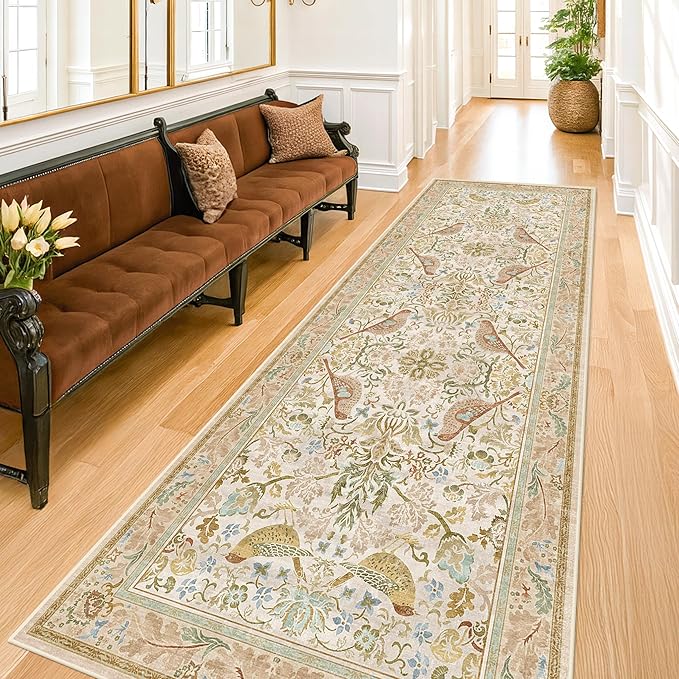 Hazo Haus 2'6"x8' Long Hallway Runner Rug - Vintage Botanical Wide Runners for Kitchen Bedroom Hall Way, Washable Non Slip with Rubber Backing, Beige Floral Décor