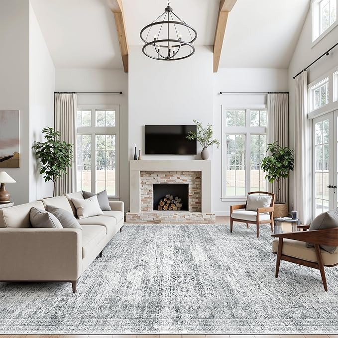 Soalmost 12x15 Washable Area Rug Gray Neutral Abstract Living Room Large Carpet Non Slip Bedroom Indoor Office Dining Room Low Pile Thin Grey Rug