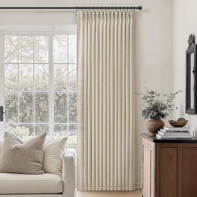 Extra Wide Linen Sheer Curtains 90 Inches Long 2 Panels Set for Bedroom, Boho Memory Trained Pinch Pleated Light Filtering Privacy Taupe Windows Curtain 70 x 90 Inch Length for Dining Room Warm Beige