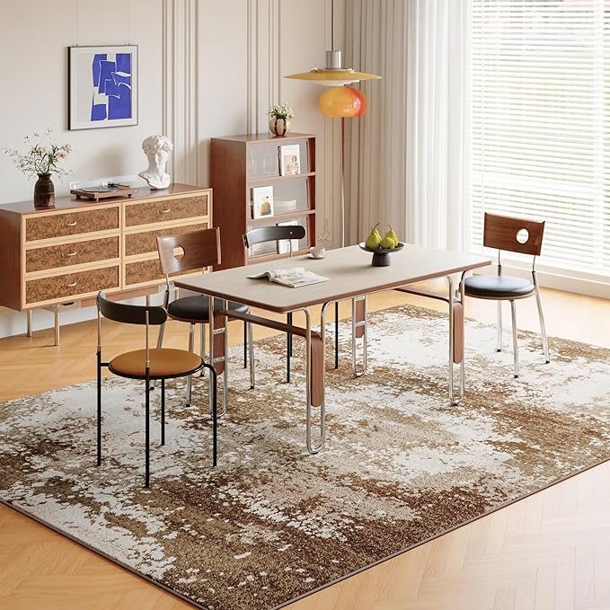 Brown Washable Rug 6x9 Area Rugs for Living Room Bedroom Carpet, Indoor Vintage Abstract Boho Large Rug Non Slip Faux Wool Rugs for Dorm, Dining Room Table, Nursery, Kids Playroom, Coffee