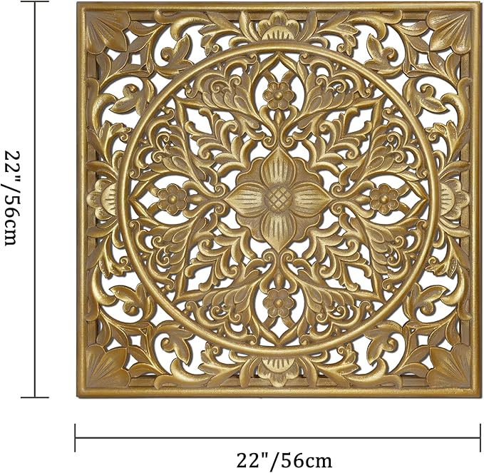 XIAOAIKA Boho Carved Wood Wall Sculpture, Intricate Floral Mandala Design with Distressed Gold Finish, Vintage Farmhouse Wall Art Panel with Solid Wood Frame for Bedroom Entryway (22" x 22")