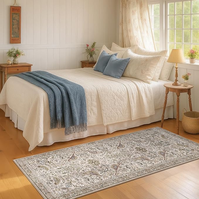 Vintage 2x6 Washable Runner Rugs for Kitchen, Bedside Rug for Bedroom, Entryway, Hallway, Non Slip Moss Bathroom Carpet, Traditional Home Décor with Floral Bird Pattern (Moss)