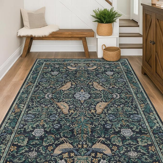 Cottagecore 5x8 Throw Rugs for Living Room, Washable Forest Rugs for Dining Room, Non Slip 5 by 8 Bedroom Under Bed, Low Pile Soft Carpet (Navy Blue & Deep Teal)
