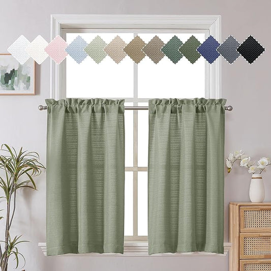 Chyhomenyc Bennet Light Green Kitchen Curtains Tier 36 Inch Length, Faux Linen Textured Small Cafe Curtains, Light Filtering Short Window Curtains for Porch Bathroom, 30x36 inch, 2 PCS
