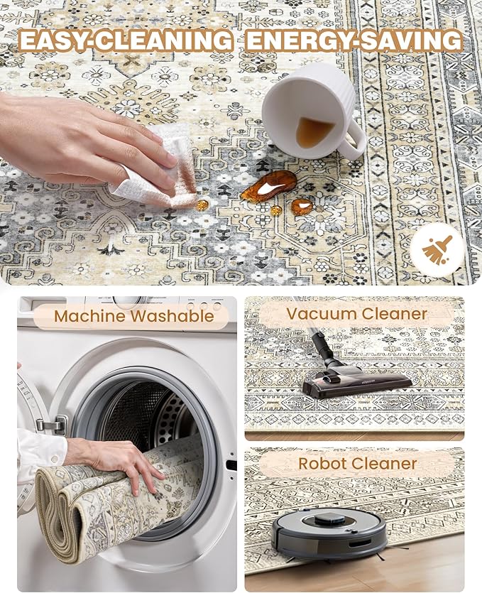Entryway Rug - 2x3 Washable Rug Runner for Bathroom, Laundry Room, Kitchen, Soft Vintage Hallway Runner for Bedroom, Non-Slip Door Mat Indoor Entrance(Beige,2'x3')