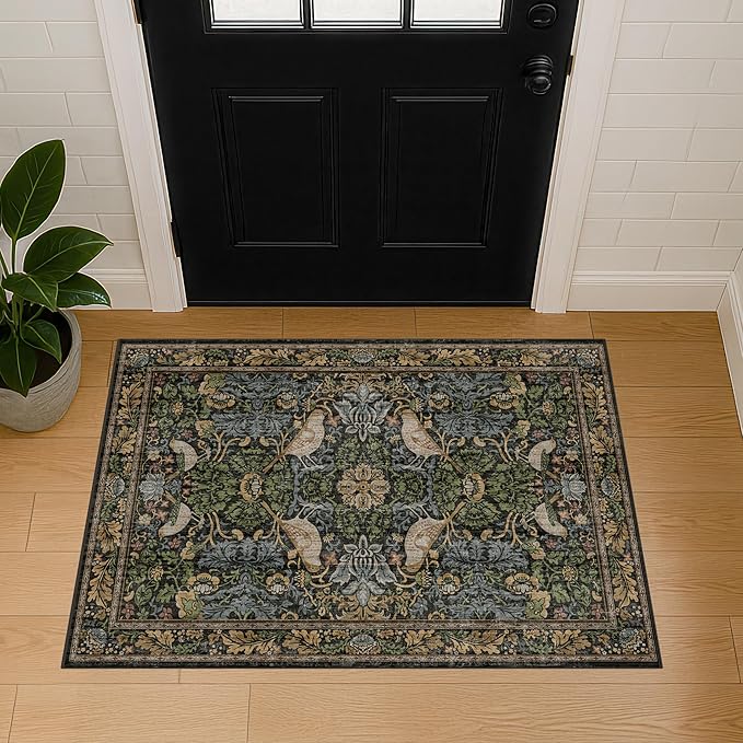 Hazo Haus Washable Dark Vintage Floral Rugs for Entryway - Small 2x3 Washable Rug for Kitchen Bathroom Door Mat Indoor Entrance with Bird & Botanical Pattern, Brown Earthy Tones, Non Slip Low Pile